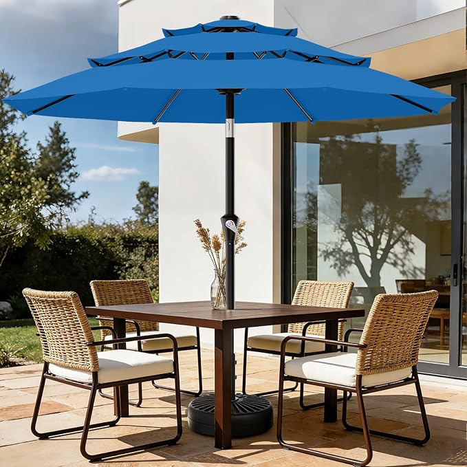 AreShark 9ft 3-Tier Patio Umbrellas, Outdoor Umbrella with 8 Sturdy Ribs UV Protection Windproof, Market Table Umbrella w/Push Button Tilt & Crank for Pool, Porch, Deck, Garden(Royal Blue)