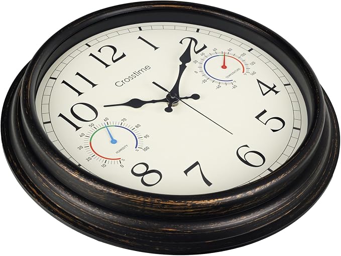 Crosstime 16 Inch Large Outdoor Clock Waterproof with Thermometer and Hygrometer Combo, Retro Indoor Outdoor Wall Clocks for Patio, Pool, Garden, Backyard Decor- Bronze