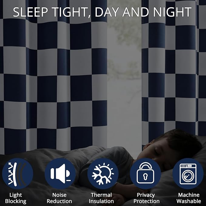 100% Blackout Checkered Curtains – 2 Panels, Each W52×L84, Thermal Insulated, Nosie Reducing for Bedroom (Navy and White Checkered, W52×L63)