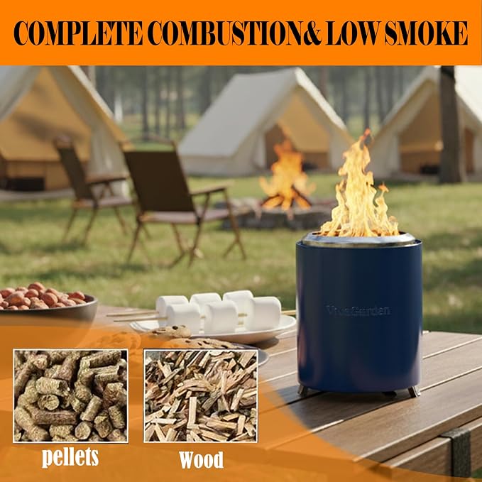 Portable Tabletop Fire Pit, VivaGarden Smokeless Table Top Fire Pit, Wood Burning & Pellets Outdoor Camping Stove with Carry Bag, Forks and Mat (9.7x7.1 Inch, Blue)