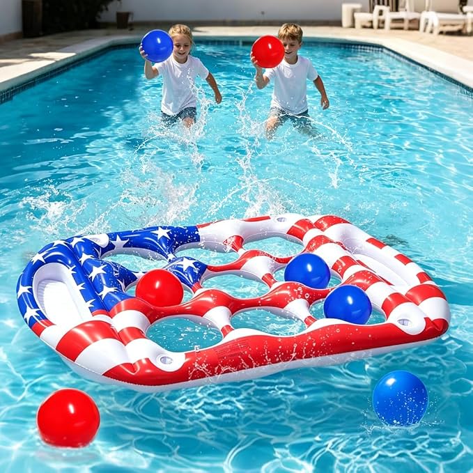 Pool Toys Games Set, Tic-Tac-Toe Inflatable Pool Toy with 10 Balls, American Flag Floating Board Swimming Pool for Adults Teens Kids Summer Water Ball Toys