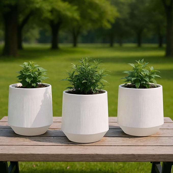 Plant Pots，Set of 3 Plastic Pots for Indoor Plants,Flower Pots Outdoor Planters with Drainage Hole and Seamless Saucer,Milky-Yellow