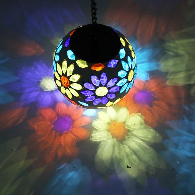 Mosaic Solar Lantern Outdoor Waterproof Glass Hanging Solar Lights, Multi | Solar Hanging Lantern IP44 Waterproof Mosaic Gazing Ball with White LED Lights, Metal Hanging Chain, Outdoor Pathway Decor
