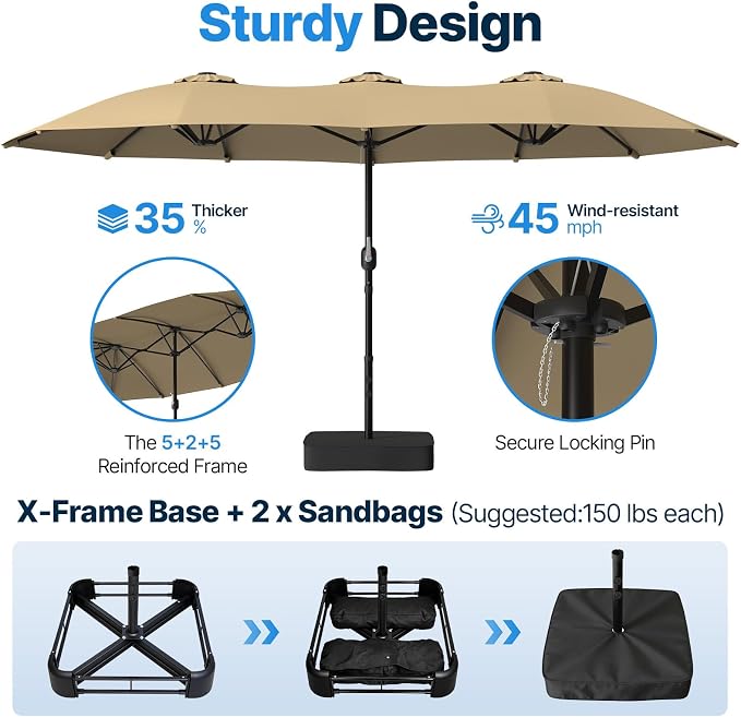 Suteck 15FT Patio Umbrella with Base Included - Double-Sided Outdoor Large Umbrella with & Crank Handle, UV & Fade Resistant Canopy for Poolside, Backyard, Deck and Market (Beige - with Base)