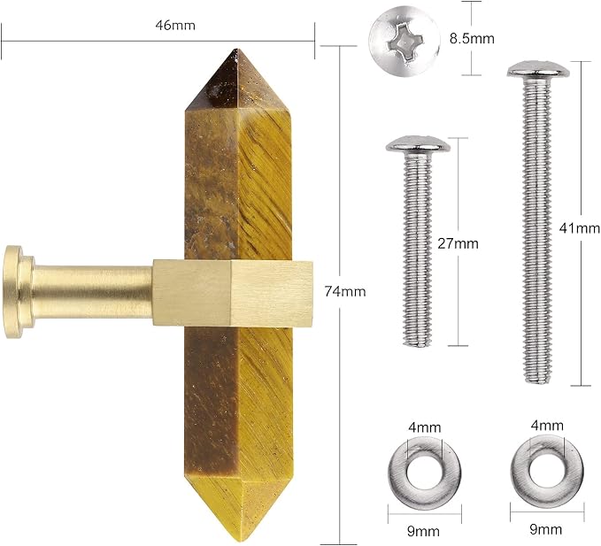 mookaitedecor Set of 2 Tiger's Eye Double Crystal Points Drawer Knobs with Screws, Decorative Stone Cabinet Handle Pulls for Dresser Cupboard Kitchen Decor, Brushed Brass