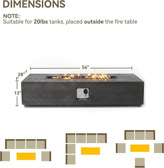 COSIEST 56-inch x 28-inch Outdoor Propane Fire Pit Coffee Table w Concrete Rectangle Base, 50,000 BTU, Free Lava Rocks and RainCover, Fits 20lb Tank Outside, Gray