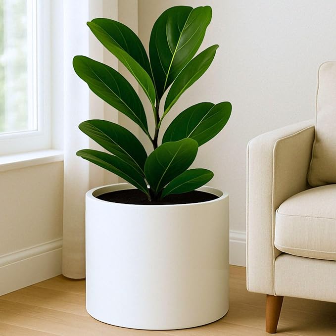 Fox & Fern Large Indoor Planter, Modern Large Plant Pot for Indoor or Outdoor, UV and Frost Resistant - 14.6 Inch, Fiberstone, Matte White Flower Pot with Drainage Plug, Lightweight
