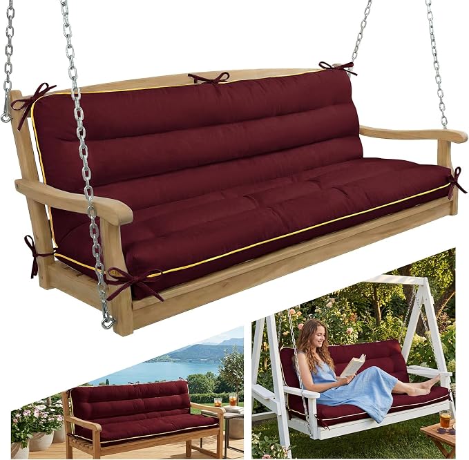 60×40 INCH Outdoor Swing Cushion with Backrest, Tie Straps & Memory Foam - Replacement for Porch Bench 2/3 Seater, Oxford Fabric (RED, 60 INCH × 40 INCH)