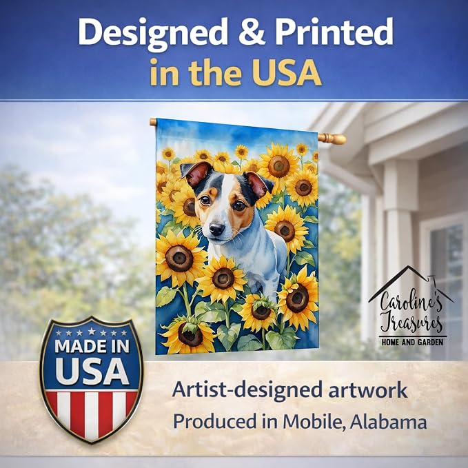 Caroline's Treasures DAC6102CHF Jack Russell Terrier in Sunflowers House Flag Large Porch Sleeve Pole Decorative Outside Yard Banner Artwork Wall Hanging, Polyester, House Size, Multicolor