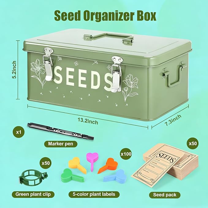 Seed box, Seed storage box, Garden seed organizer | 50 Seed Envelopes, 100 Plant Labels (5 Colors), 50 Plant Clips, 4 Compartments Garden Seed Bin with Safety Locks-Green
