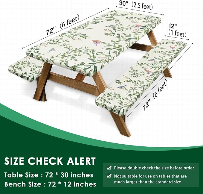 Picnic Table Cover with Bench Covers Elastic Edges, Botanical Bird Camper Fitted Table Cover, Outdoor Camping Essentials 72 Inch 3PCS, Waterproof Camping Fitted Tablecloth with Drawstring Bag