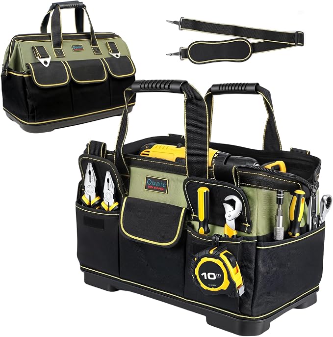 Tool Bag, Ounic 16 Inch BigTool Tote Bag Heavy Duty With Waterproof Molded Base, Wide Mouth Tool Box Organizer with Adjustable Shoulder Strap for Electrician Mechanic Craftsman Plumbers(Green)