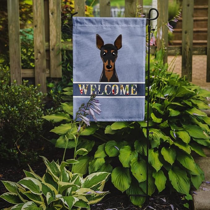 Caroline's Treasures BB1426GF Min Pin Welcome Garden Flag, Blue Mailbox Flag Decorative Yard Flag Banner Outside Patio Artwork Yard Flower Beds, Garden Size, Multicolor