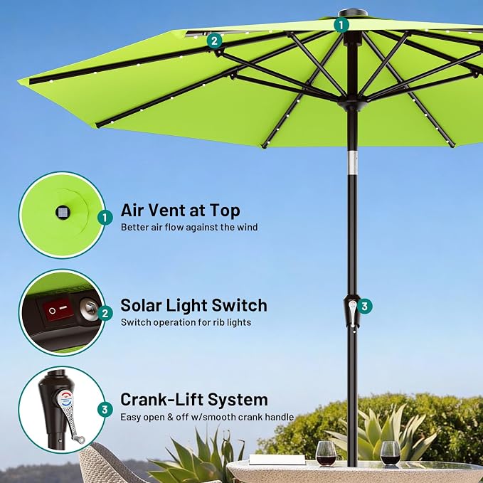 AreShark 9FT Patio Umbrella with Solar Lights, 32 Lighted Pool Umbrella w/Tilt and Crank, Outdoor Market Solar Umbrellas for Garden, Deck, Backyard, Pool and Beach, Apple Green