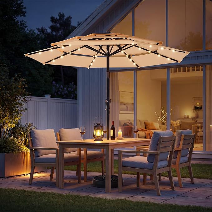 HOMSHADE 3-Tier Patio Umbrella with Solar Lights(Beige,No Base) | 5-Year Fade Resistant;32 LED Lights;Windproof;8 Thicker Ribs;UPF50+;Pool,Lawn,Garden,Deck