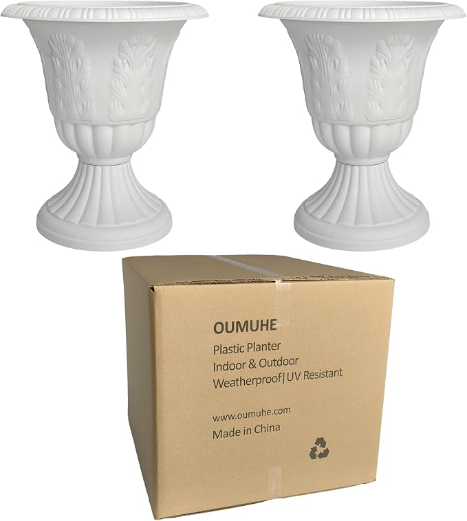 Set of 2 Goblet-Shaped Plastic Planter Urns, White, Diameter 14.6" Large | OUMUHE elegant plastic flower pots with secure buckle base & porous drainage for outdoor porch plants, 16" H × 14.5" D