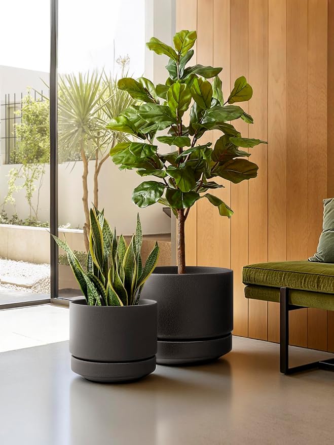 LE TAUCI 12 Inch Pot for Plants with Saucer, Ceramic Indoor Planter Pot with Drainage Hole, Mesh Pad Included, Unglazed Porous Ceramic, Modern for Home and Office, Charcoal Gray