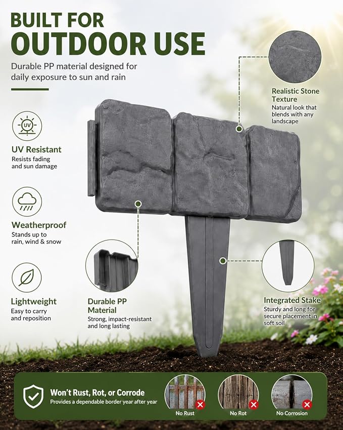 Faux Stone Garden Fence No Dig Landscape Edging Border (Gray, 20pcs) | Plastic interlocking panels create a rock look for flower beds lawn pathways patio yard decor