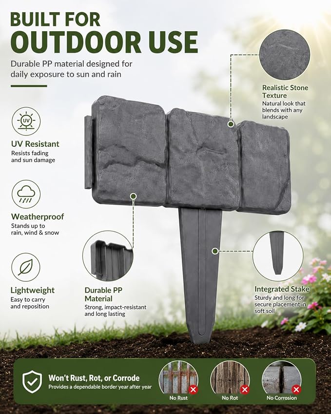 Faux Stone Garden Fence No Dig Landscape Edging Border (Gray, 10pcs) | Plastic interlocking panels create a rock look for flower beds lawn pathways patio yard decor