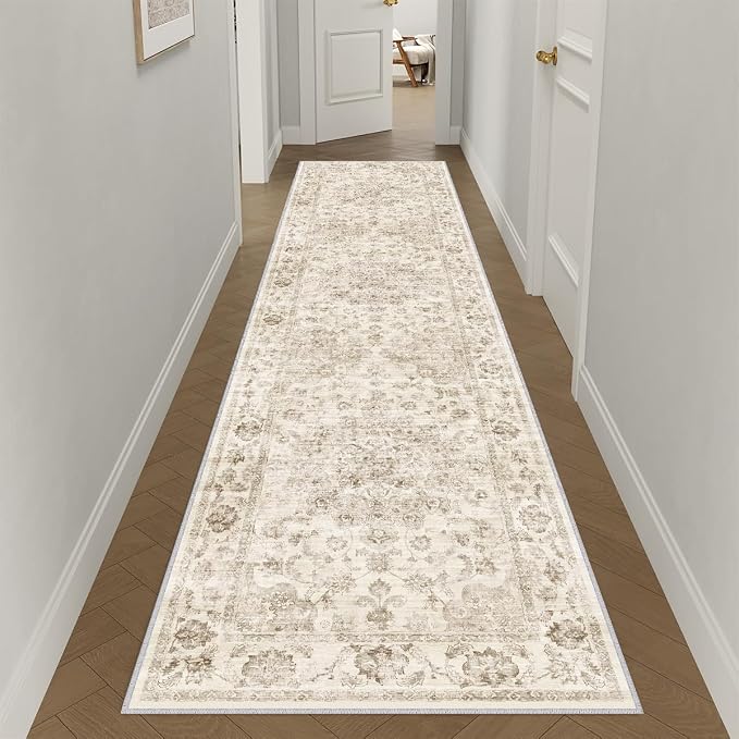 2x14 Beige Neutral Runner Rug | Washable, Non Slip, Soft Low Pile, Vintage Farmhouse, for Hallway Kitchen Laundry Bathroom Bedroom Living Room Home Decor