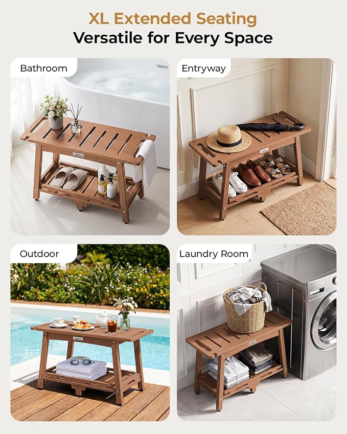 28" Extra Large Shower Bench, HDPE Waterproof Shower Chairs Seat, Adjustable and Non-Slip Feet, Shower Stool for Inside Shower to Sit On, Indoor/Outdoor Use, As Porch Bench, Garden Entryway, Teak