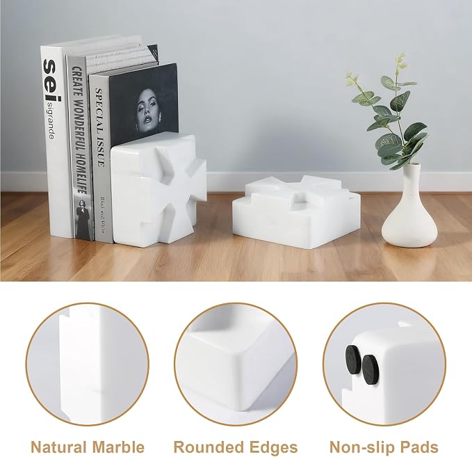 Decorative Square Marble Bookends for Heavy Books – Unique Book Ends for Shelves – Modern Aesthetic Book Holder/Stopper with Non-Slip Pads for Chic Home, Office, or Library Decor, White