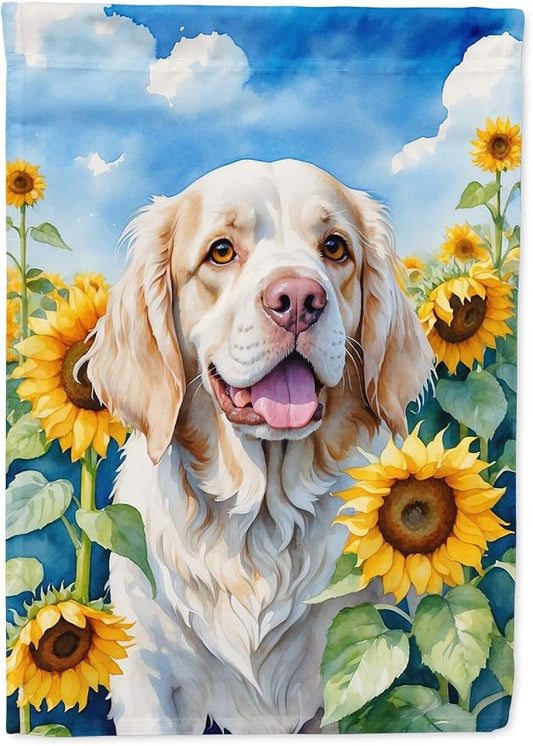 Caroline's Treasures DAC6056CHF Clumber Spaniel in Sunflowers House Flag Large Porch Sleeve Pole Decorative Outside Yard Banner Artwork Wall Hanging, Polyester, House Size, Multicolor