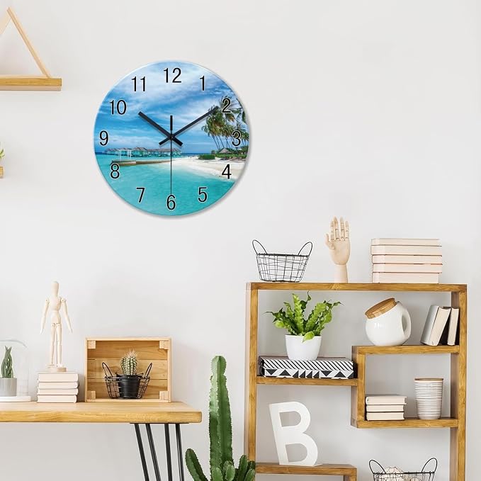 XFM Large Beach Wall Clock 20 Inch Silent Coastal Nautical | Non-Ticking Battery Operated Blue Modern Glass Decorative for Living Room Kitchen Bedroom Office