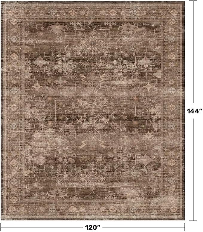 Brown Rug for Living Room 10x12 - Large Vintage Western Eclectic Unique Neutral Taupe, Washable Low Pile Non-Slip Area Rug for Dining Under Table, Bedroom Under Bed, Home Office