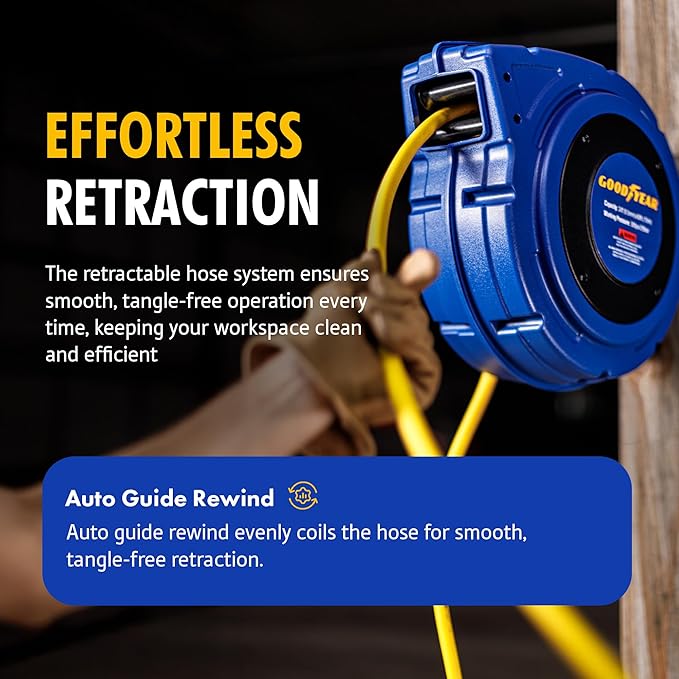 Goodyear Air Hose Reel Retractable 3/8" Inch x 50' Foot Hybrid Polymer Hose Max 300PSI Commerical Polypropylene Construction