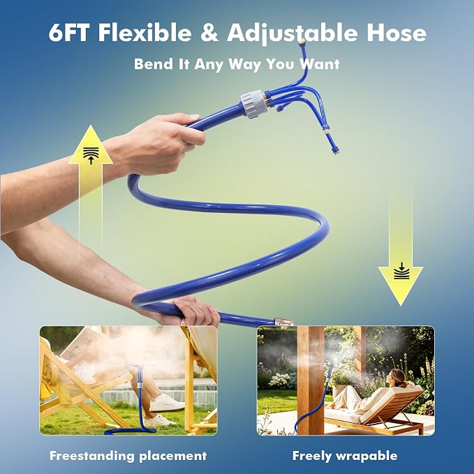 RESTMO Adjustable Standing Misters for Outside Patio, Portable Misting Cooling System with 4 Directional Nozzles, 6FT Water Mister for Hot Summer, Garden, Backyard, Beach, Camping, BBQ