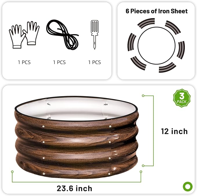 SnugNiture 3 Pcs 2x2x1ft Round Galvanized Raised Garden Bed Kit Outdoor, Metal Planter Box for Planting Plants Vegetables, Brown