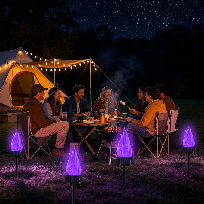 Toodour Solar Outdoor Torch Lights with Flickering Flame, 4 Pack Solar Pathway Decorative Lights, Waterproof LED Flame Torches for Outdoor Camping Garden Landscape Patio Path Yard Decorations - Purple