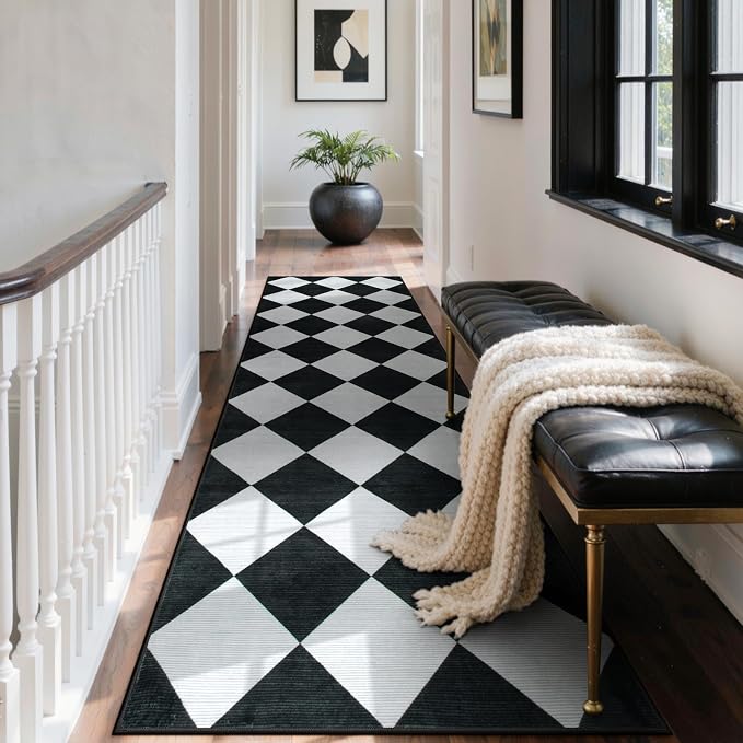Beeiva Checkered Print Runners for Hallways 2.5x8, Ultra Thin Black Kitchen Runners Non Skid Washable 8 ft, Modern Diamond Stain Resistant Low Pile Carpet for Bathroom Entryway Bedroom Laundry