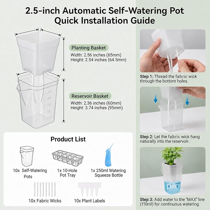 10 Pack 2.5" Self Watering Pots for Indoor Plants with Anti-Tip Tray & Reservoir Refill Bottle, Seed Starter Kit for Seedlings, Cuttings, Succulents, Herbs, 10 Plant Labels (Transparent)