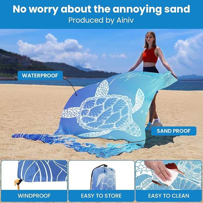 Ainiv Beach Blanket, Large Picnic Mat 210 x 200 cm (4-6 People) Foldable, Sandproof Waterproof, Camping Outdoor Blanket with 6 Fixed Nails for Beach, Hiking, Picnic