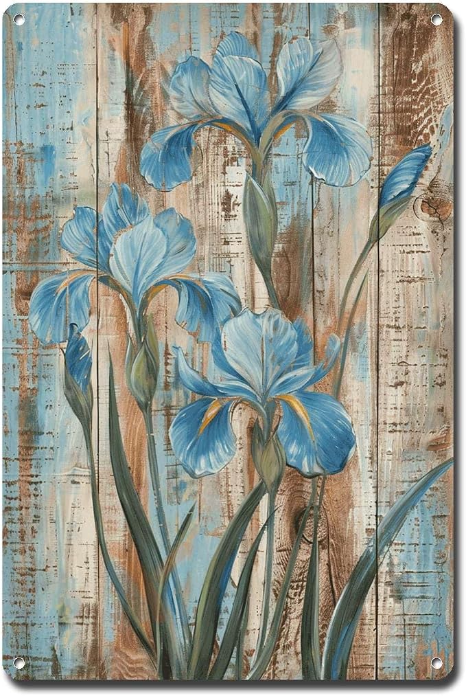 Metal Sign Tin Sign Vintage Wall Art Shabby Chic Irises Tin Sign for Rustic Wall Art Antique Artistry and Distressed Wood Surfaces Funny Bathroom Decor for Bar 8×12 Inches