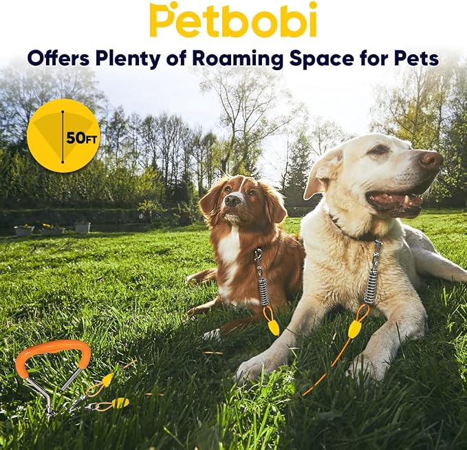 Petbobi Dog Tie-Out Cable and Stake - 50ft Heavy Duty Cable with Spring, No Tangle, 16in Ground Stake, Ideal for Outdoor Yard, Camping, Suitable for Small Medium Large Dogs Up to 120 lbs, Orange