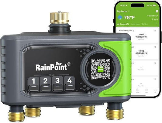 RAINPOINT 4 Zone WiFi Sprinkler Timer Without hub, 2027 New Version for Garden Hose, Outdoor Hose Water Timer with Brass Ports, APP & Voice Custom Irrigation Programs