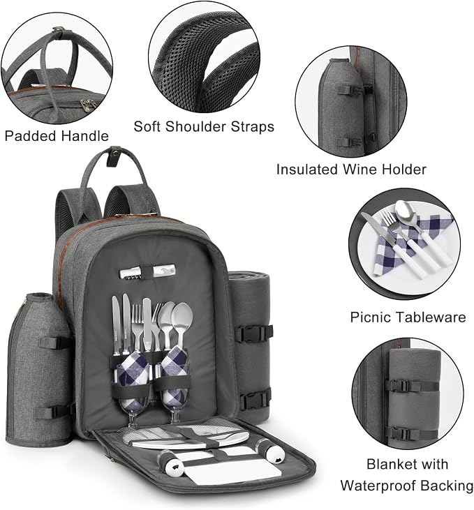 ALLCAMP Picnic Backpack, 2-Person Set with Blanket and Wine Holder, Gray | Insulated compartment, padded straps, Oxford fabric, couple gifts, family, camping, beach, climbing, parks, hands-free