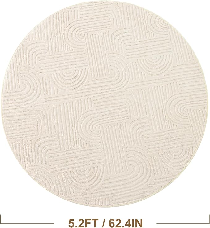 Carvapet 5.2ft Round Rug Beige Washable High Low Pile Carpet | Soft plush textured rug with non slip backing for living rooms, bedrooms, nurseries and cozy indoor spaces