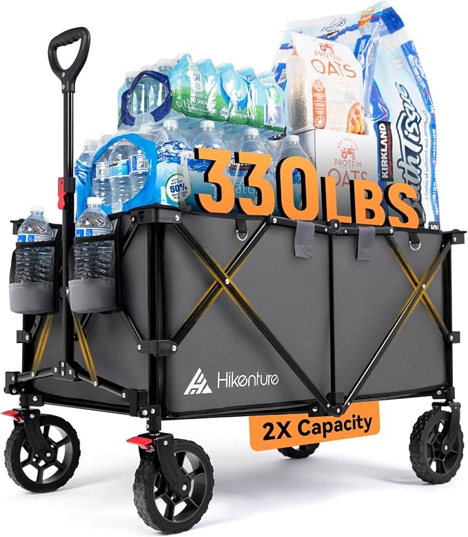 Hikenture Collapsible Wagon 330LBS Capacity, 200L Extra Large Wagons Carts | Utility Wagon for Grocery, Garden, Camping & Sports Gear; One-Hand Fold; 360-Degree Wheels; Built-In Wheel Brake