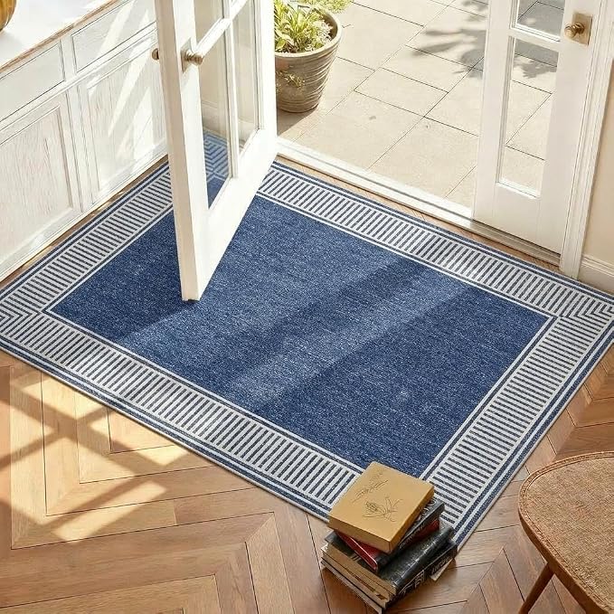 GarveeHome Washable 2x3 Entryway Area Rug Non Slip Small Door Mat | Modern Solid Color Living Room Bedroom Small Rugs Bordered Mat for Bathroom Kitchen Nursery, Blue