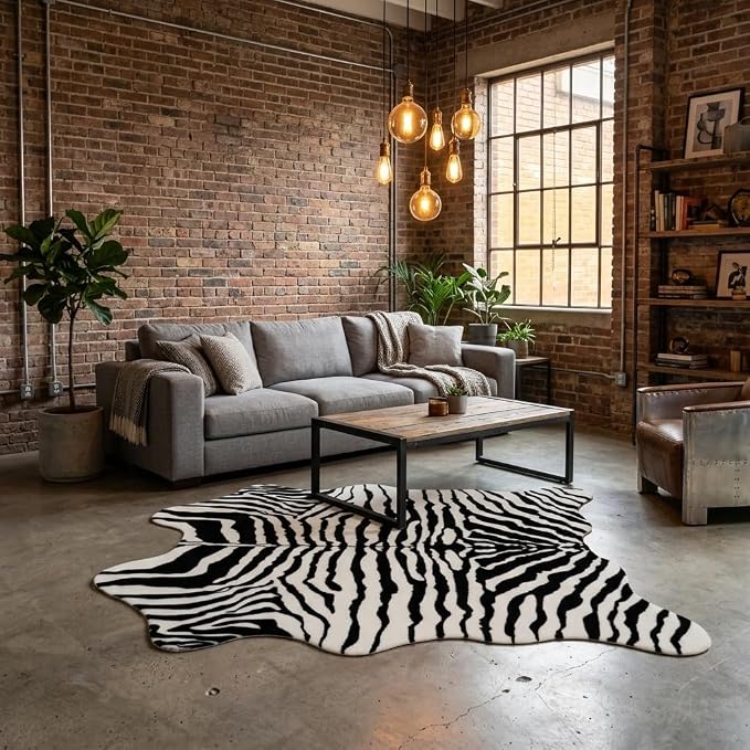 MustMat Faux Zebra Print Area Rug, Industrial Style Decor 4'7'' × 5'3'' | Black/White, Fits Bedrooms, Living Rooms & Reading Nooks. Suits Rustic, Minimalist Decor For Holiday & Birthday Use