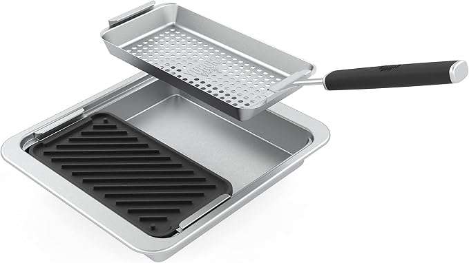 Yukon Glory Cast Iron & Stainless Grill Set | Grooved Cast Iron Pan, Stainless Serving Station & Clip-On Handle | Pre-Seasoned | Grill to Table | Gas, Charcoal & Campfire | Gift