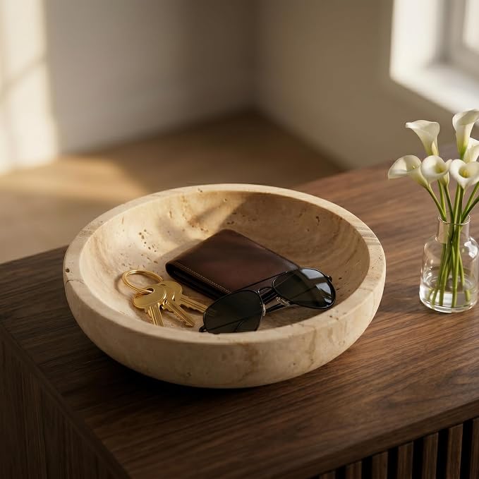 Natural Marble Travertine Decorative Bowl - 7.8" Honed Yellow Stone | Organic Modern Centerpiece Key Dish for Keys Entryway Table - Coffee Table Decor - Bedside Ring Jewelry Holder Tray