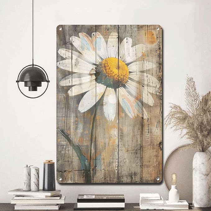Metal Sign Tin Sign Vintage Wall Art Antique Artist's Daisy Tin Sign for Shabby Chic Interiors Rustic Wall Art and Corrosion Resistant Bathroom Decor for Pub 12×16 Inches