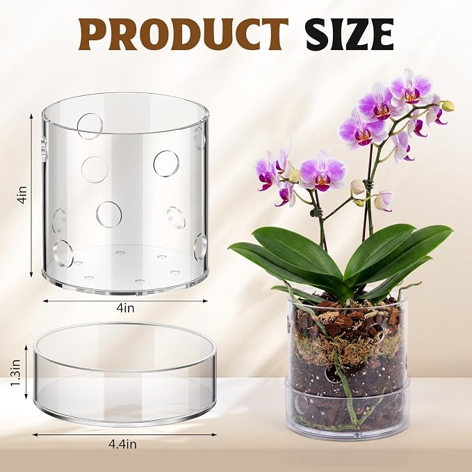 2 Pcs 4 Inch Clear Acrylic Orchid Planter Pot with 360° Round Holes & Tray, Thick Acrylic Vented Planter for Phalaenopsis, Root Airflow, Bottom Watering & Indoor Orchid Repotting