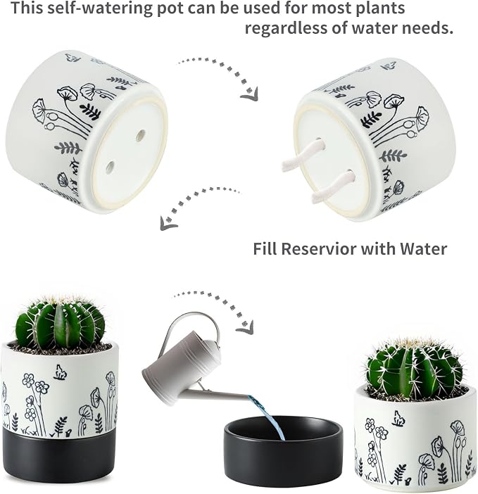 Nihow Self Watering Pots for Indoor Plants,4.5 Inch,White,Hand Painting | Ceramic Planter, Drainage Hole & Water Storage Plus, Cylinder Round Flower Pot, For Succulent/Herbs/Violets