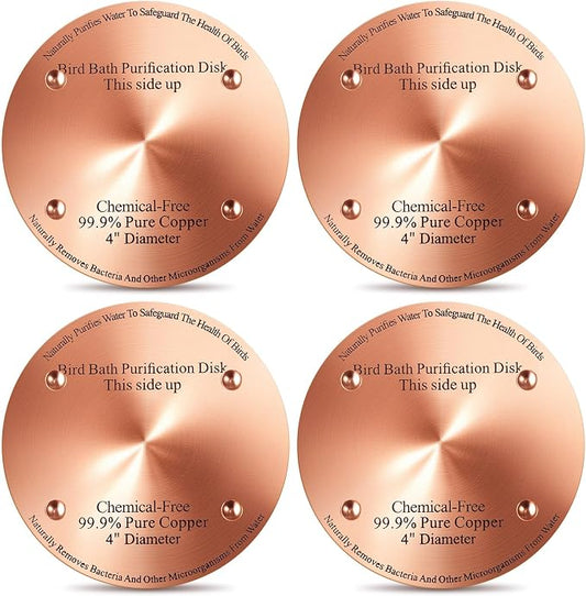 MorningRo 4 Pcs 4'' Bird Bath Copper Disk, 0.6mm Thick Reinforced 99.99% Pure Copper Disc birdbath Purification Disc, with 4 Point Support for Outdoor Birdbaths Bowls Cleaner (Classic)